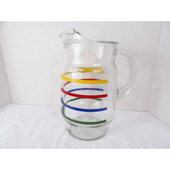 Retro Pitcher Anchor Hocking Fiesta  Glass Ice Lip Primary Rainbow Stripe 72 Oz - Picture 2 of 12